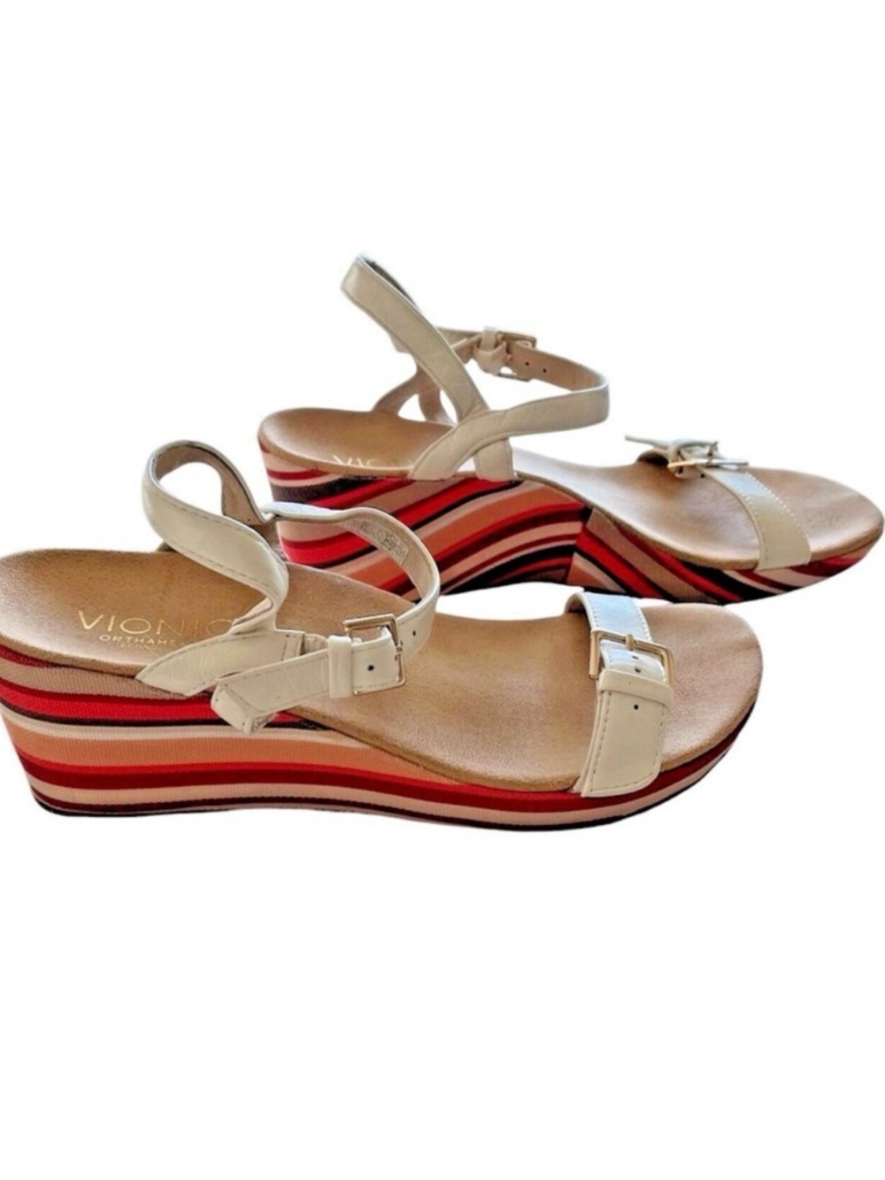 Vionic Enisa Orthotic Wedge Strappy White Wedge Sandals Leather Striped 7